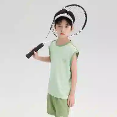 大童 唐狮童装 简约字母印花圆领套头无袖上衣松紧腰舒适短裤休闲运动套装 浅绿色
