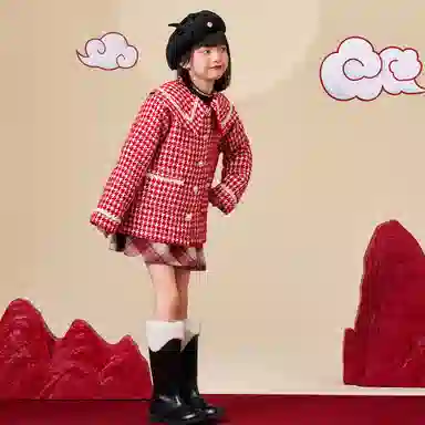 儿童款 唐狮童装 加绒加厚娃娃领单排扣保暖休闲长袖棉服 红色
