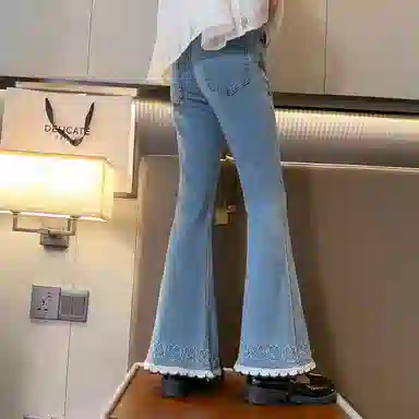 唐狮童装 松紧腰洋气简约舒适纯色牛仔裤 青少年 浅牛仔蓝