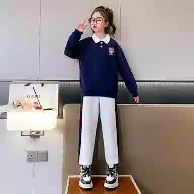 唐狮童装 简约字母套头长袖上衣松紧腰束脚长裤休闲运动套装 儿童款 藏青色