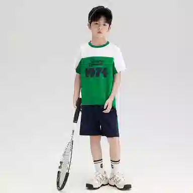 大童 唐狮童装 时尚柔软拼色圆领休闲运动套装 绿色
