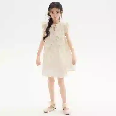 唐狮童装 竹子图案立领飞飞短袖儿童连衣裙 大童 翠绿色