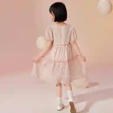 唐狮童装 简约圆领套头休闲短袖儿童连衣裙 儿童款 浅黄色