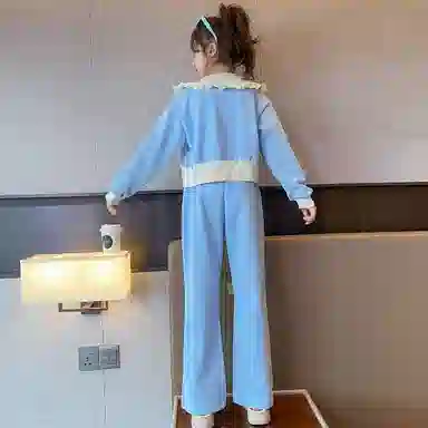 唐狮童装 娃娃领单排扣长袖上衣松紧腰纯色微喇长裤休闲运动套装 儿童款 浅蓝色