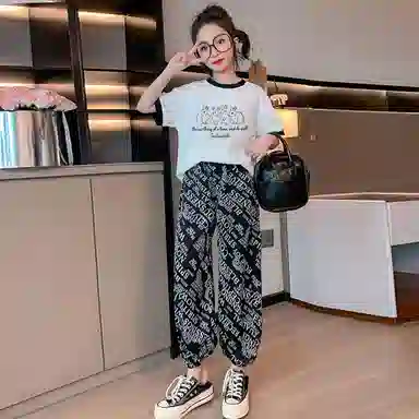 唐狮童装 小兔子图案圆领套头短袖上衣字母松紧腰长裤休闲运动套装 儿童款 白色