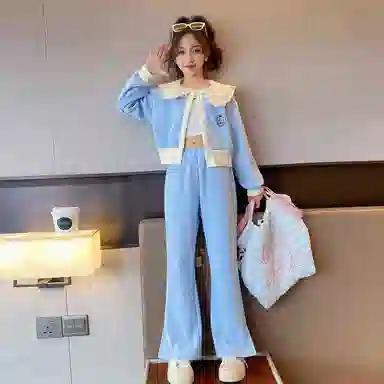 唐狮童装 娃娃领单排扣长袖上衣松紧腰纯色微喇长裤休闲运动套装 儿童款 浅蓝色