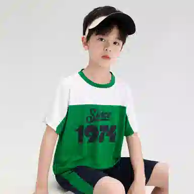 大童 唐狮童装 时尚柔软拼色圆领休闲运动套装 绿色