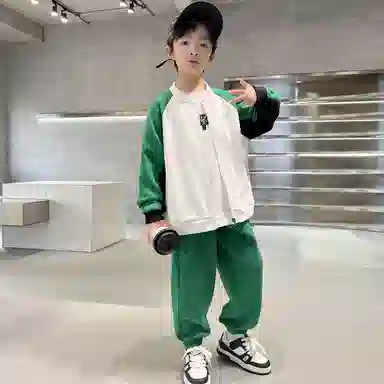 唐狮童装 简约字母拉链长袖上衣松紧腰长裤休闲运动套装 儿童款 绿色