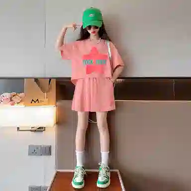 唐狮童装 字母星星图案圆领短袖上衣松紧腰短裤休闲运动套装 儿童款 粉红色