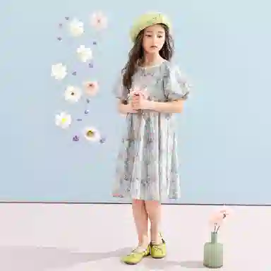 唐狮童装 方领舒适甜美短袖儿童连衣裙 儿童款 浅蓝色