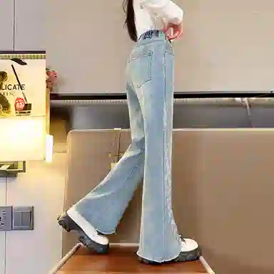 唐狮童装 时尚柔软亲肤洋气百搭松紧腰透气水洗牛仔裤 青少年 浅牛仔蓝