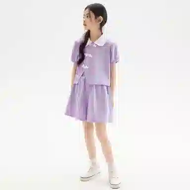 儿童款 唐狮童装 翻领舒适柔软轻盈透气休闲运动套装 浅紫色