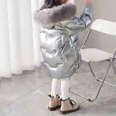 唐狮童装 反光中长款连帽加厚保暖休闲长袖羽绒服 儿童款 银色