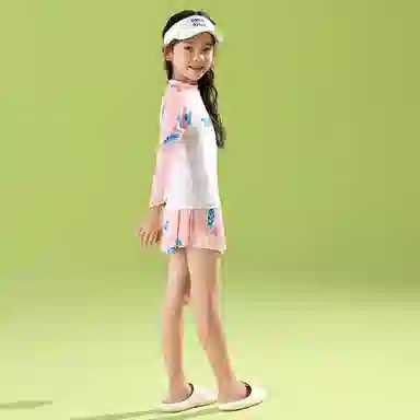儿童款唐狮童装 简约字母印花套头长袖上衣松紧腰半身裙儿童泳装 粉红色
