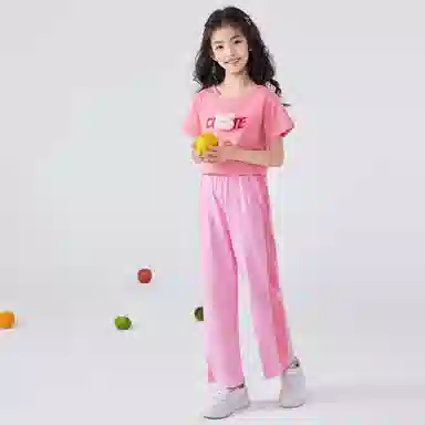 唐狮童装 圆领字母卡通动漫休闲运动套装 儿童款 桃色