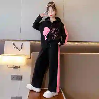 唐狮童装 蝴蝶结图案连帽插肩长袖上衣松紧腰直筒长裤休闲运动套装 儿童款 黑色