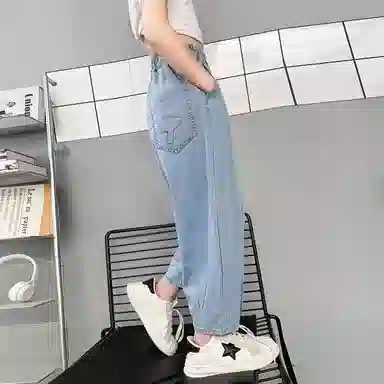 唐狮童装 纯色松紧中腰水洗休闲牛仔裤 儿童款 亮钢蓝