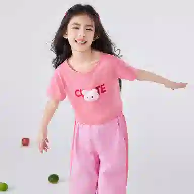 唐狮童装 圆领字母卡通动漫休闲运动套装 儿童款 桃色