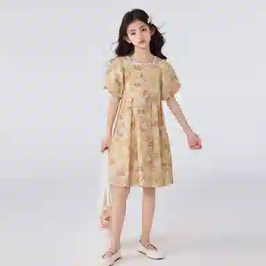 唐狮童装 方领碎花舒适短袖儿童连衣裙 儿童款 浅黄色