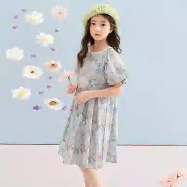 唐狮童装 方领舒适甜美短袖儿童连衣裙 儿童款 浅蓝色