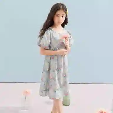 唐狮童装 方领舒适甜美短袖儿童连衣裙 儿童款 浅蓝色