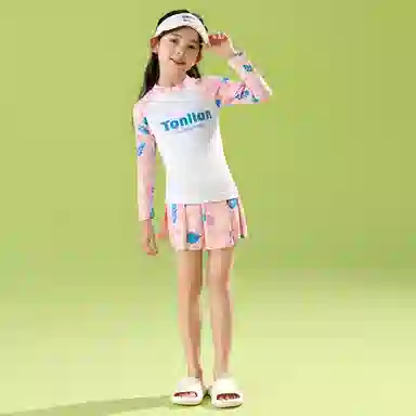 儿童款唐狮童装 简约字母印花套头长袖上衣松紧腰半身裙儿童泳装 粉红色