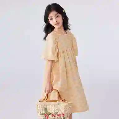 唐狮童装 简约圆领套头插肩短袖儿童连衣裙 儿童款 浅黄色