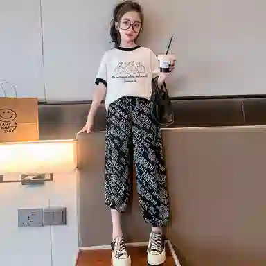 唐狮童装 小兔子图案圆领套头短袖上衣字母松紧腰长裤休闲运动套装 儿童款 白色