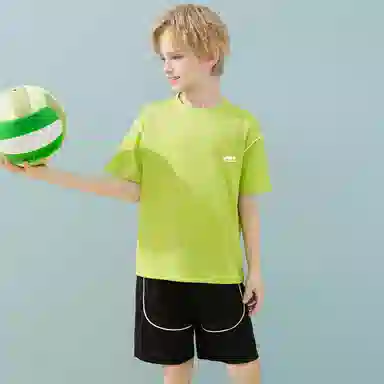 唐狮童装 简约圆领套头短袖上衣松紧腰短裤休闲运动套装 儿童款 荧光绿