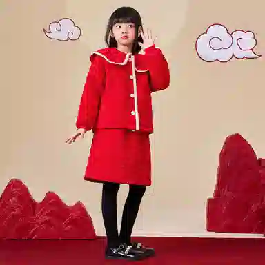儿童款 唐狮童装 拼色娃娃领单排扣保暖棉服短裙裙装套装 红色