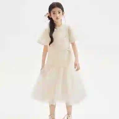 大童 唐狮童装 立领斜襟纯色舒适简约短袖裙装套装 杏色