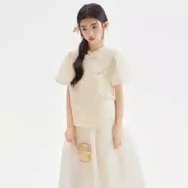 大童 唐狮童装 立领斜襟纯色舒适简约短袖裙装套装 杏色