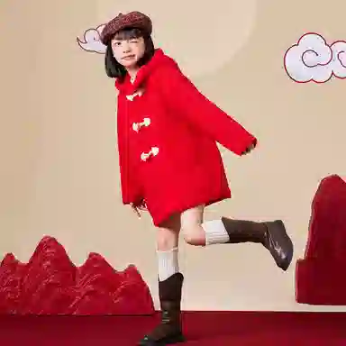 唐狮童装 纯色加绒加厚牛角扣中长款休闲长袖绒感外套 儿童款 红色