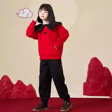 唐狮童装 翻领套头加绒加厚长袖卫衣纯色松紧腰束脚长裤休闲运动套装 儿童款 红色