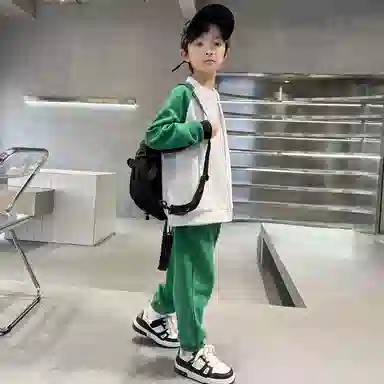 唐狮童装 简约字母拉链长袖上衣松紧腰长裤休闲运动套装 儿童款 绿色