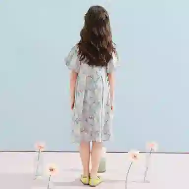 唐狮童装 方领舒适甜美短袖儿童连衣裙 儿童款 浅蓝色