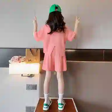 唐狮童装 字母星星图案圆领短袖上衣松紧腰短裤休闲运动套装 儿童款 粉红色