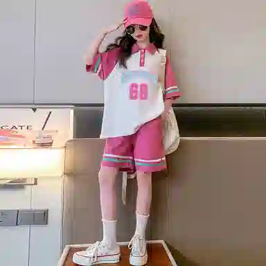儿童款 唐狮童装 字母数字印花套头插肩短袖上衣松紧腰宽松短裤休闲运动套装 桃色