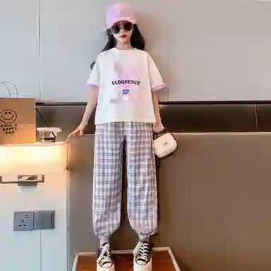 唐狮童装 圆领套头短袖上衣格子舒适百搭裤子休闲运动套装 儿童款