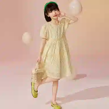 唐狮童装 简约圆领套头休闲短袖儿童连衣裙 儿童款 浅黄色