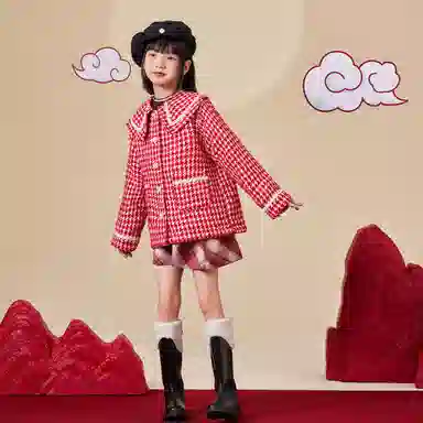 儿童款 唐狮童装 加绒加厚娃娃领单排扣保暖休闲长袖棉服 红色