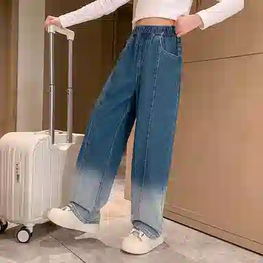 唐狮童装 复古松紧腰直筒宽松休闲牛仔裤 儿童款 藏青色