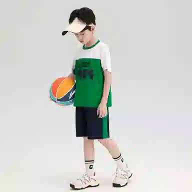 大童 唐狮童装 时尚柔软拼色圆领休闲运动套装 绿色