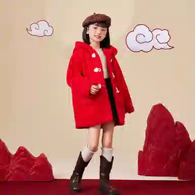 唐狮童装 纯色加绒加厚牛角扣中长款休闲长袖绒感外套 儿童款 红色