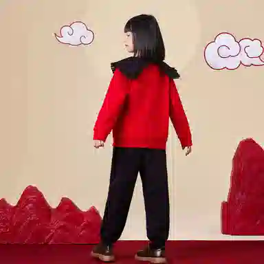 唐狮童装 翻领套头加绒加厚长袖卫衣纯色松紧腰束脚长裤休闲运动套装 儿童款 红色