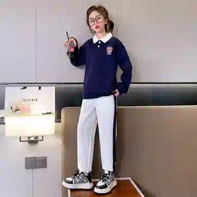 唐狮童装 简约字母套头长袖上衣松紧腰束脚长裤休闲运动套装 儿童款 藏青色