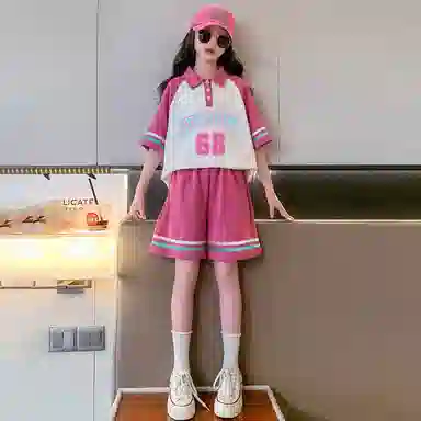 儿童款 唐狮童装 字母数字印花套头插肩短袖上衣松紧腰宽松短裤休闲运动套装 桃色