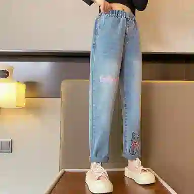 唐狮童装 卡通印花百搭水洗松紧腰直筒牛仔裤 儿童款 浅牛仔蓝