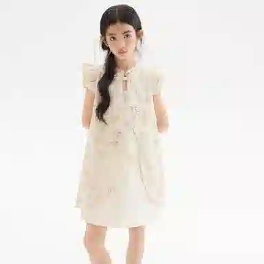 唐狮童装 竹子图案立领飞飞短袖儿童连衣裙 大童 翠绿色