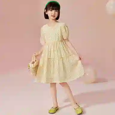 唐狮童装 简约圆领套头休闲短袖儿童连衣裙 儿童款 浅黄色